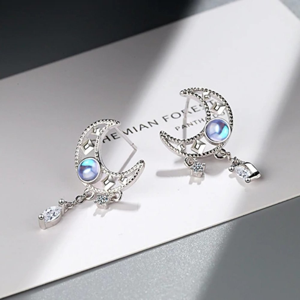 NEW 925 Sterling Silver Diamond Moon Earrings - Picture 7 of 8